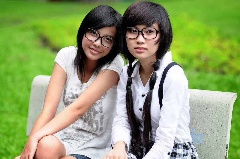 Girls, students, asian, glasses
