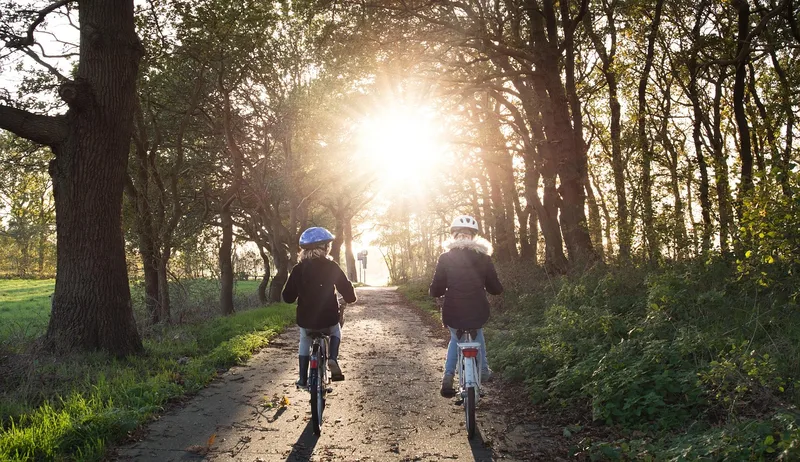 Girls, bicycle, helmets, bicycle lane