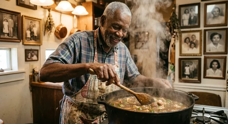Man, cooking, pot, wooden spoon