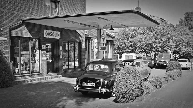 Gas station, antique car, old gas station, historical