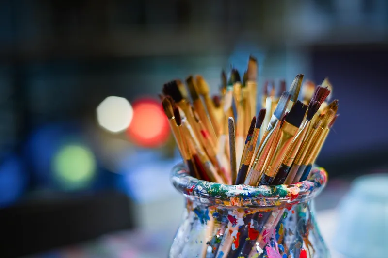 Brushes, painter, work shop, bowl