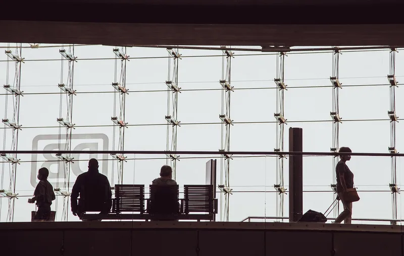 Silhouettes, people, bank, suitcase