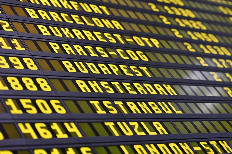 Airport, departure, board, advertisement