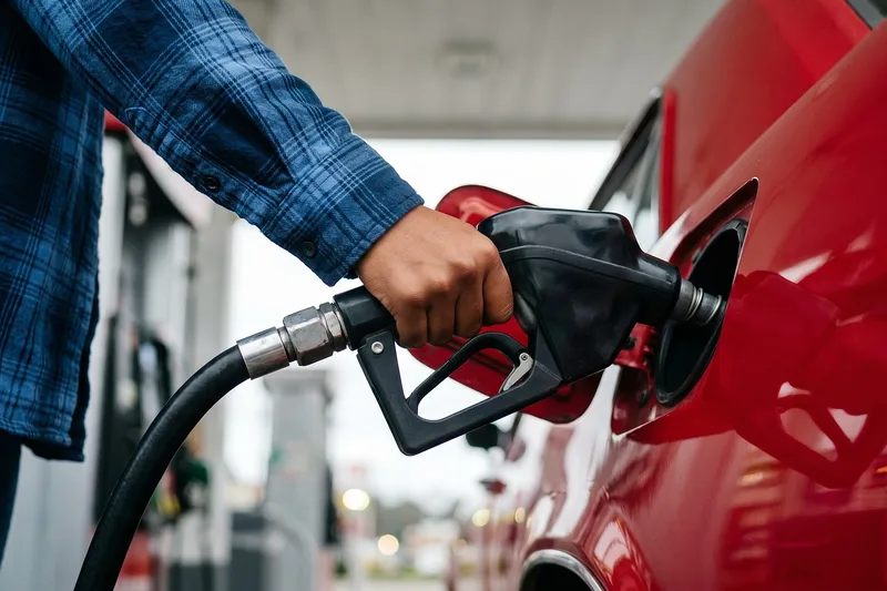 Gas station, red car, fuel nozzle, person