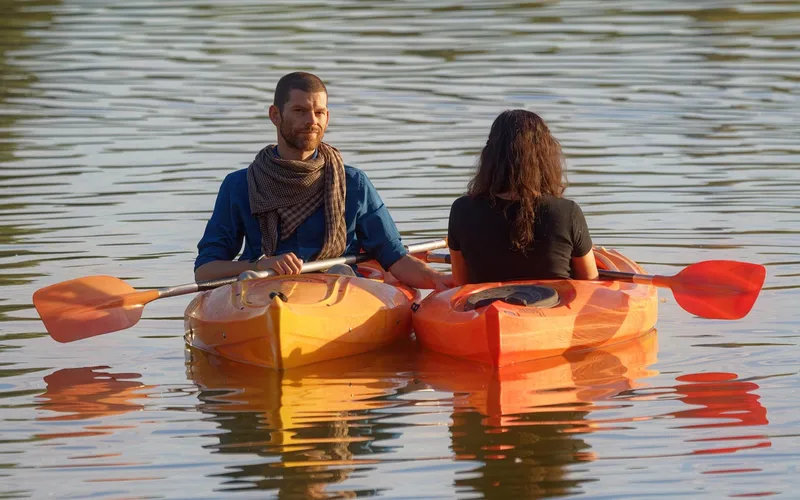 People, kayaks, lake, man