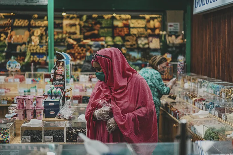 Woman, face mask, market, hijab