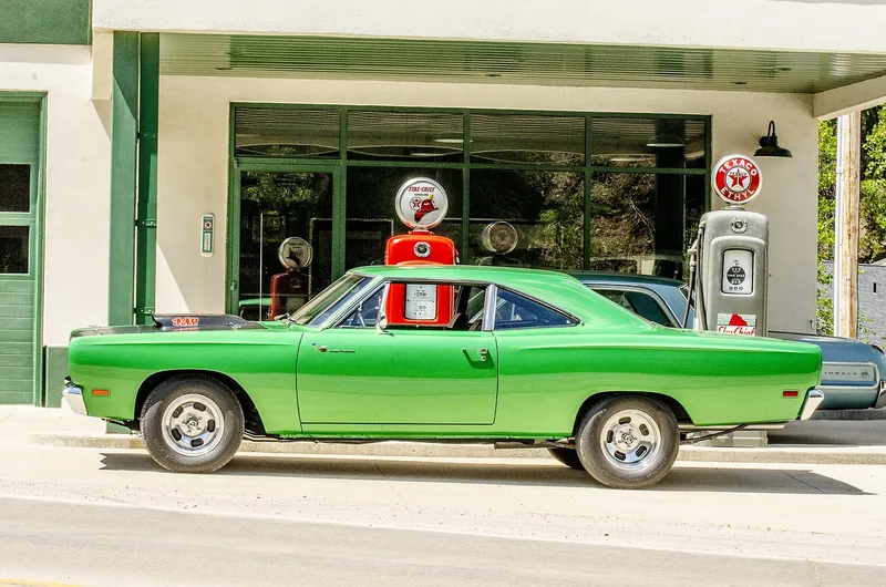 Classic car, antique gas pump, green, lime green