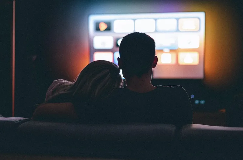 Couple, dark room, watching, together