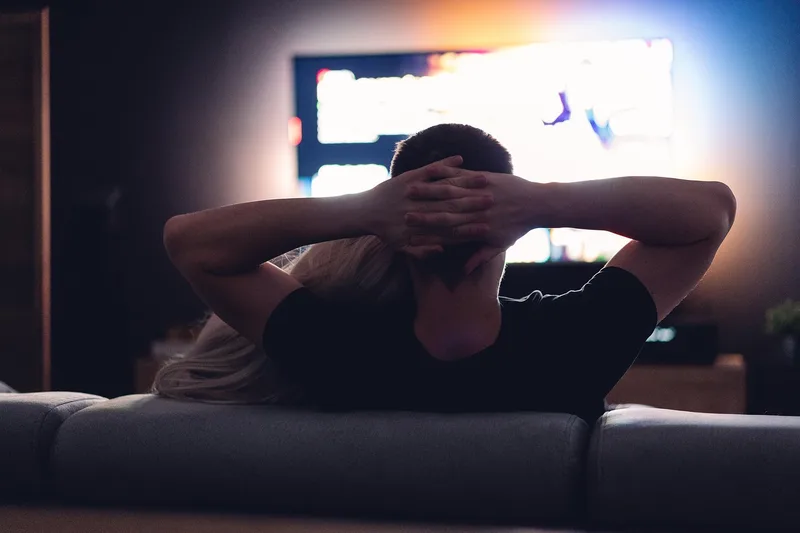 Couple, dark room, watching, together